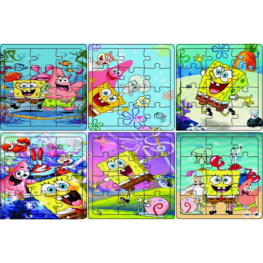 Kit 6 Quebra-cabeça Bob Esponja 12 e 20 Peças Feito em Madeira (MDF) 15X15 cm S/Caixa