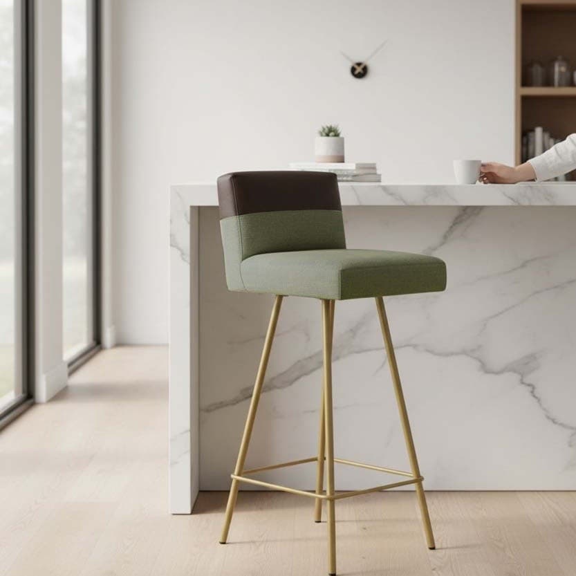Banqueta Valen Duo Moderna Ferro Dourado  Estofado Suede Linho Verde / Marrom