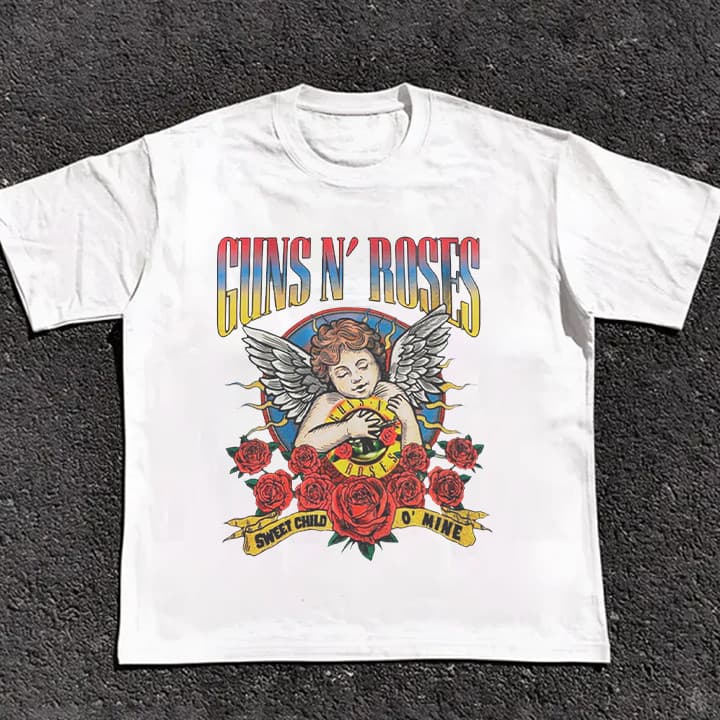 Camiseta Oversized ou Básica Banda Gun's And Roses Angels and Flowers Rock and Roll Heavy Metal