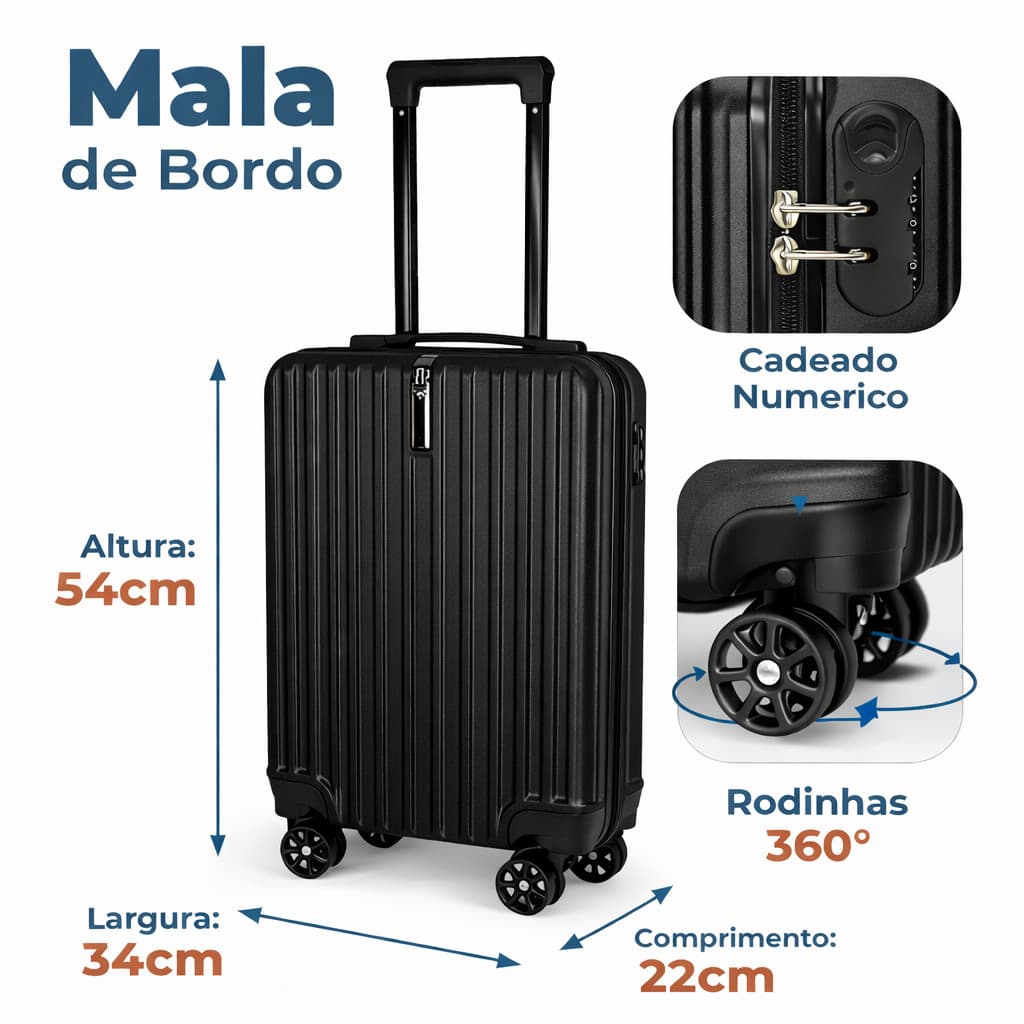 Mala de Viagem Bordo 10kg Fibra ABS Rodinhas 360° e Cadeado ANAC 20” Preta