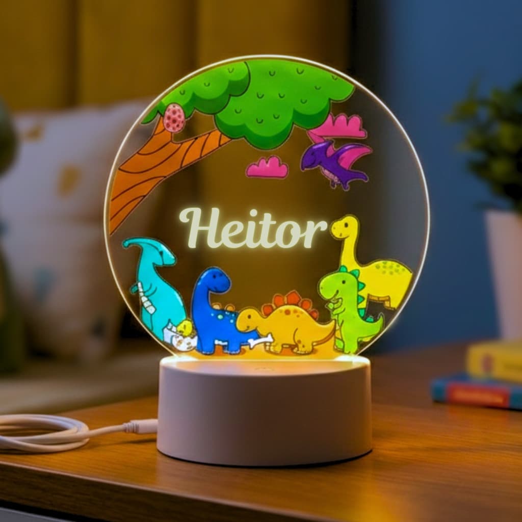 Luminária Para Quarto Infantil Dinossauro Personalizada Com Nome A Sua Escolha Abajur Decoração Led