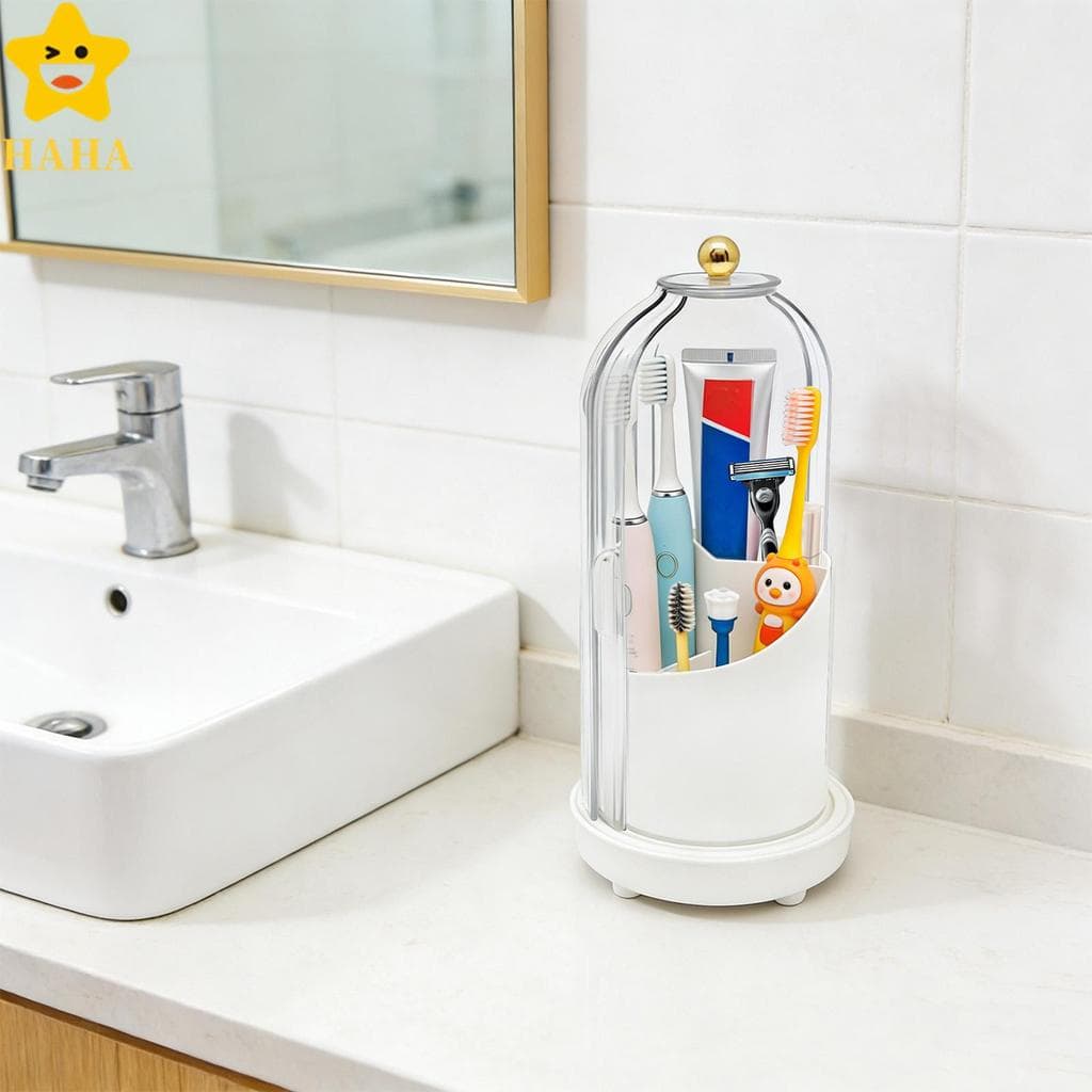 Organizador De Escova De Dentes Rotativo , Suporte Com 3 Espaços Tampa De Drenagem Para Balcão De Banheiro Branco SHOPSB