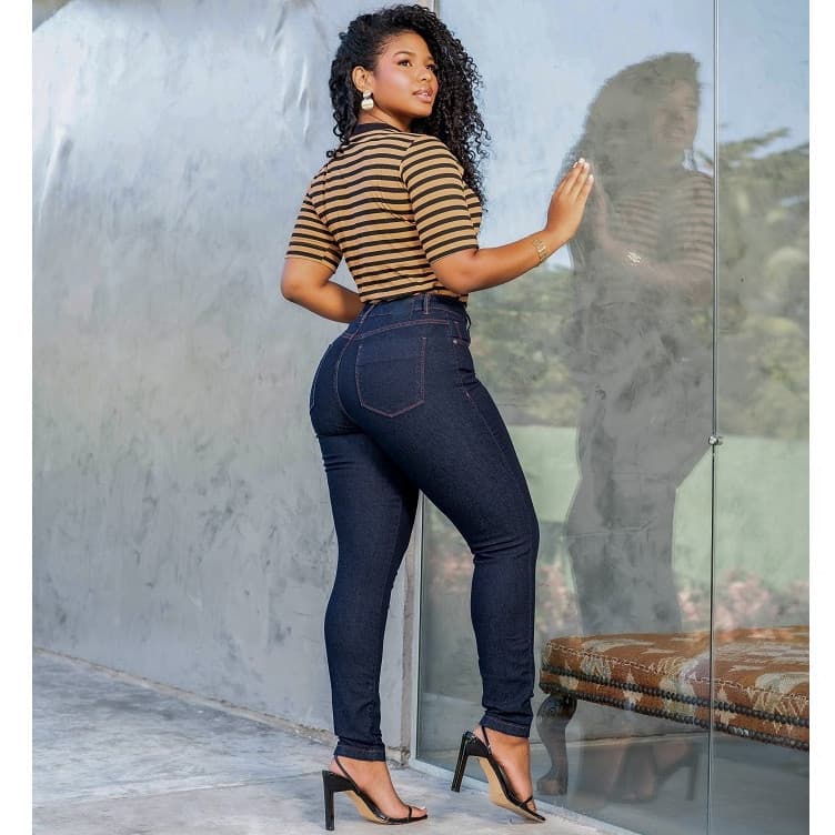 Calça Jeans Azul Escura Cós Alto Visual Moderno Versátil 098