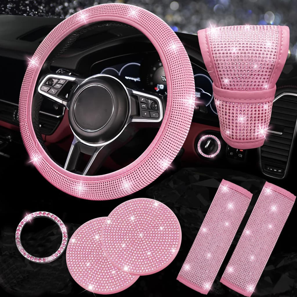 Capa De Volante De Diamante De Carro , Conjunto De Acessórios De Strass Brilhante De 7 Peças , Capas De Cinto De Seguran