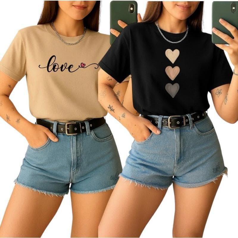 Kit 2 Camisetas Básicas Feminina Love Coração 100% algodão envio imediato. .