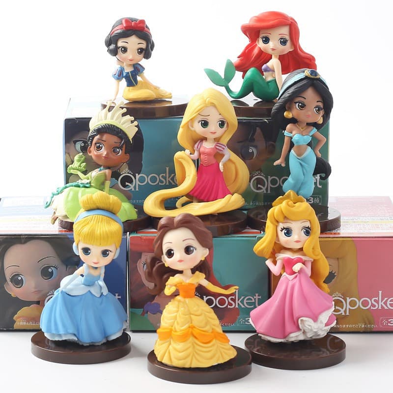 8 peças/conjunto de figuras de princesas de desenhos animados de 5-8 cm: Branca de Neve, Rapunzel, Cinderela, Ariel, Bel