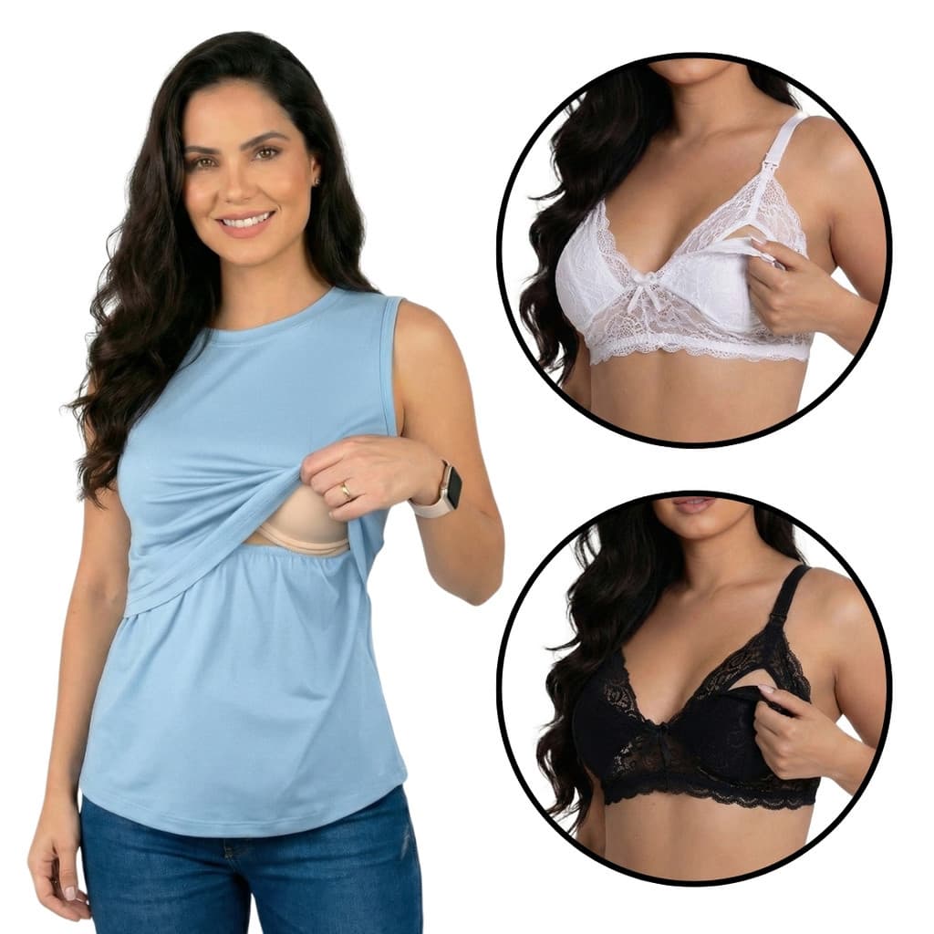 Kit Regata + 2 Sutiãs Amamentação Gestante Maternidade Abertura Frontal Pós Parto Confortável