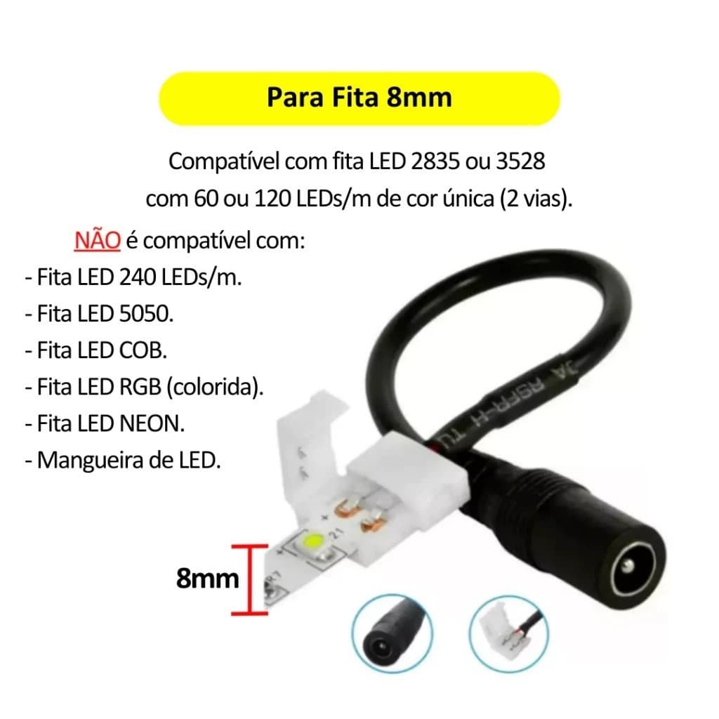 100 Und Conector Plug P4 Fêmea Cabo C/ Emenda 8mm P/ Fita LED 2835 ou 3528 2 Vias Cor Única