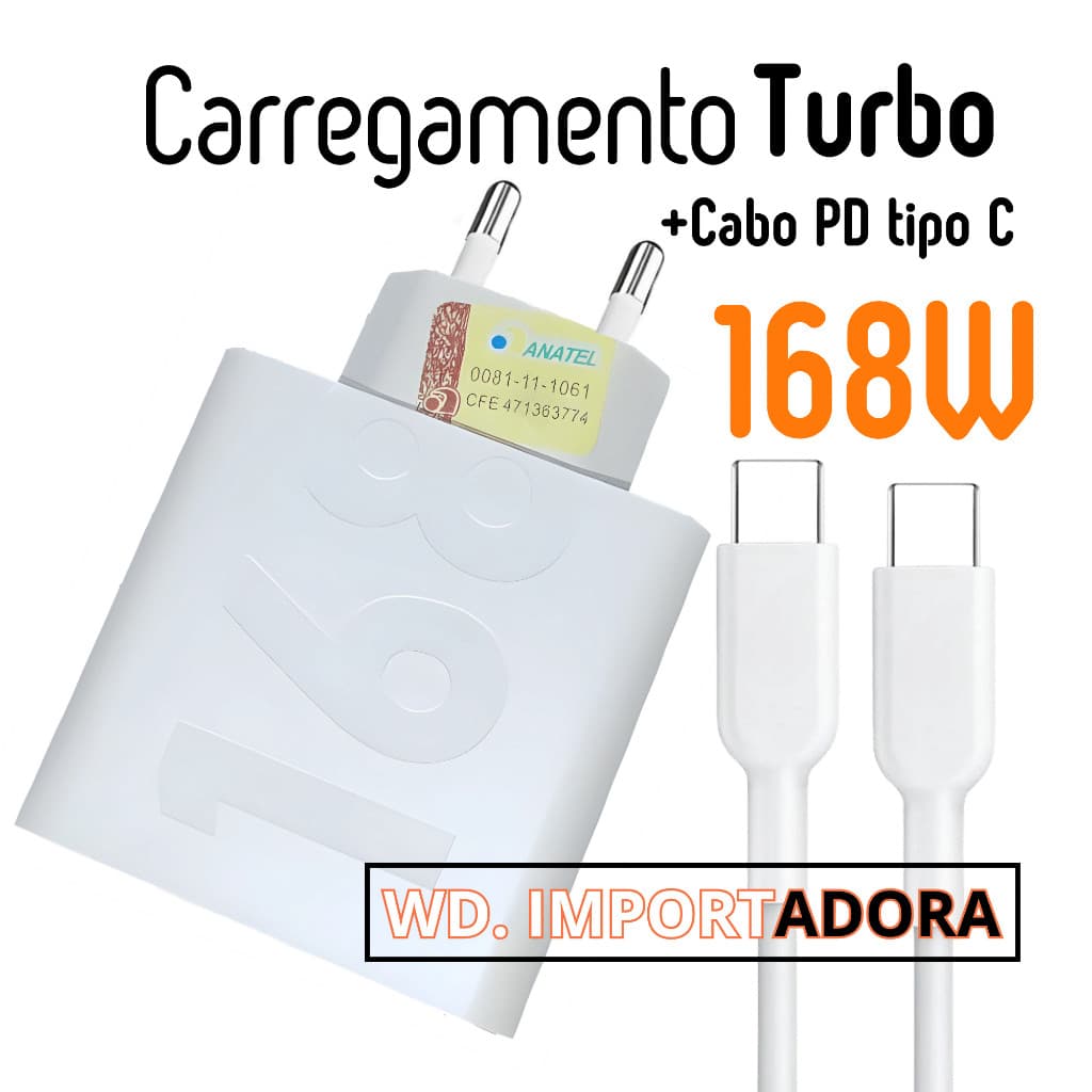 Carregador 168W Compatível Xiaomi Quick Charger 4.0 Samsung Super SI Rápido com Cabo Tipo C PD