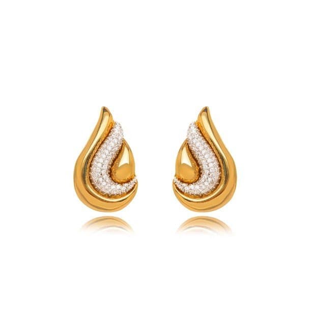 Brinco Gota Bicolor Cravejado Banho Ouro 18k