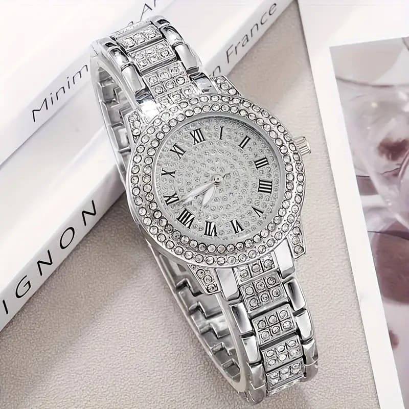 Relógio feminino de luxo com incrustações de diamantes, padrão romano, design de céu estrelado e totalmente cravejado de