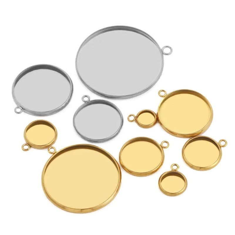 20 Pçs 6-30mm Banhado A Ouro Aço Inoxidável Pingente Redondo Em Branco Cabochão Base Configuração Moldura Para DIY Colar
