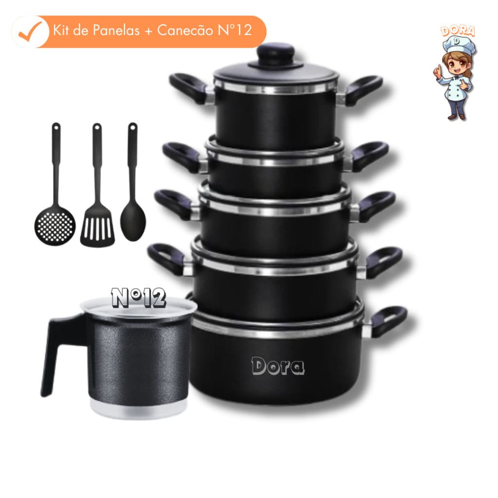 Conjunto de Panelas - Kit 9 Peças Alumínio Reforçado com Utensílios e Caneção de Bônus Mais Sofisticação e Eficiência