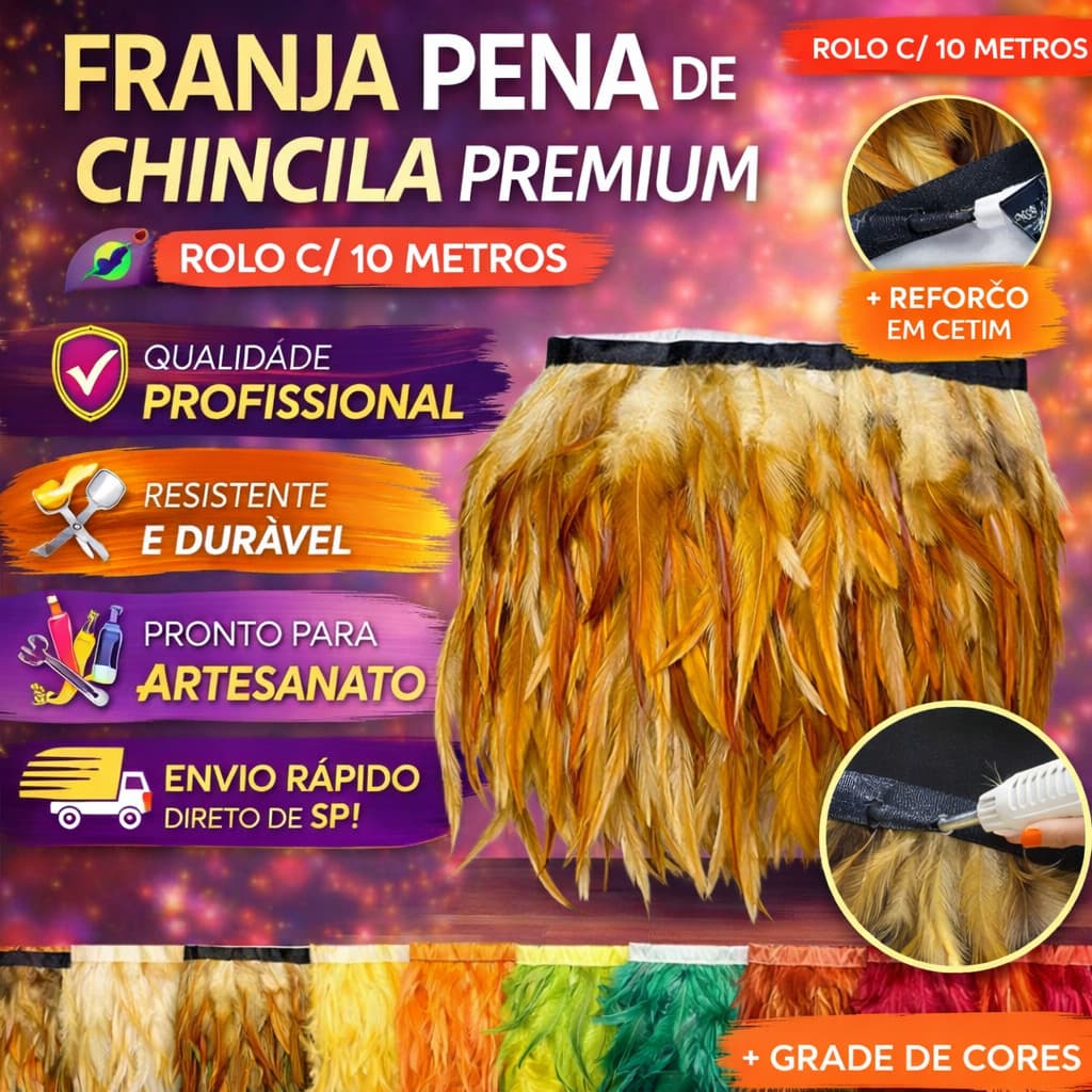 Franja Pena Chinchila Premium 10 Metros Fantasia Carnaval Artesanato Decoração