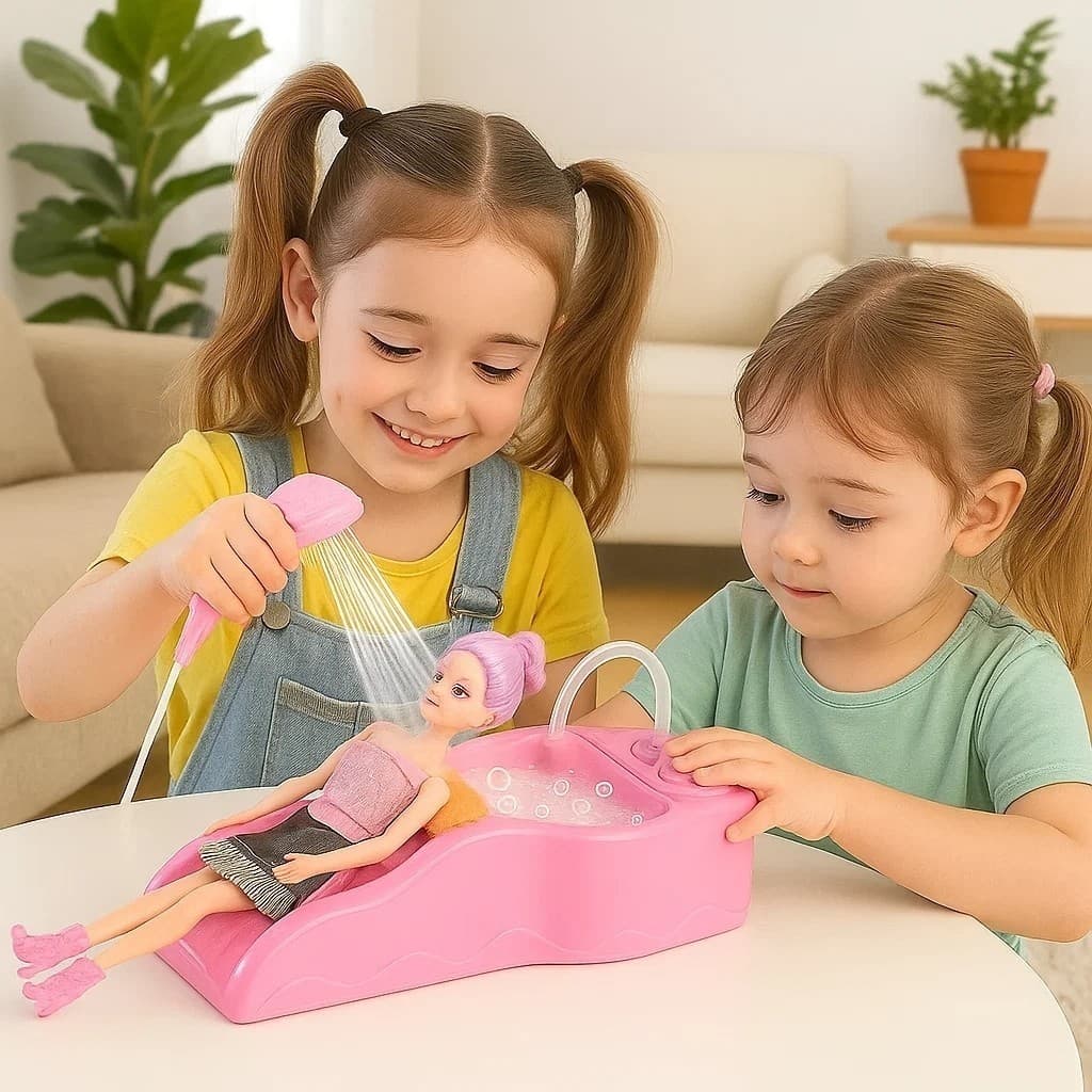 Kit Lavatório Boneca Salão Cabeleireiro Rosa Chuveirinho Banho Banheira Criança Presente Achadinhos
