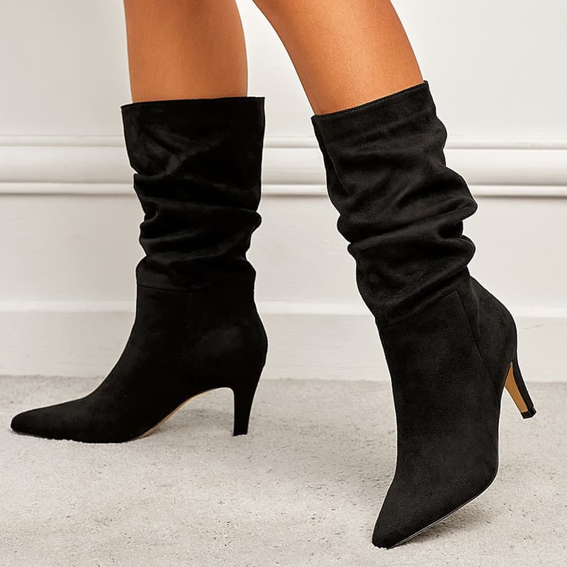 Botas femininas de salto alto estilete de camurça de tamanho grande