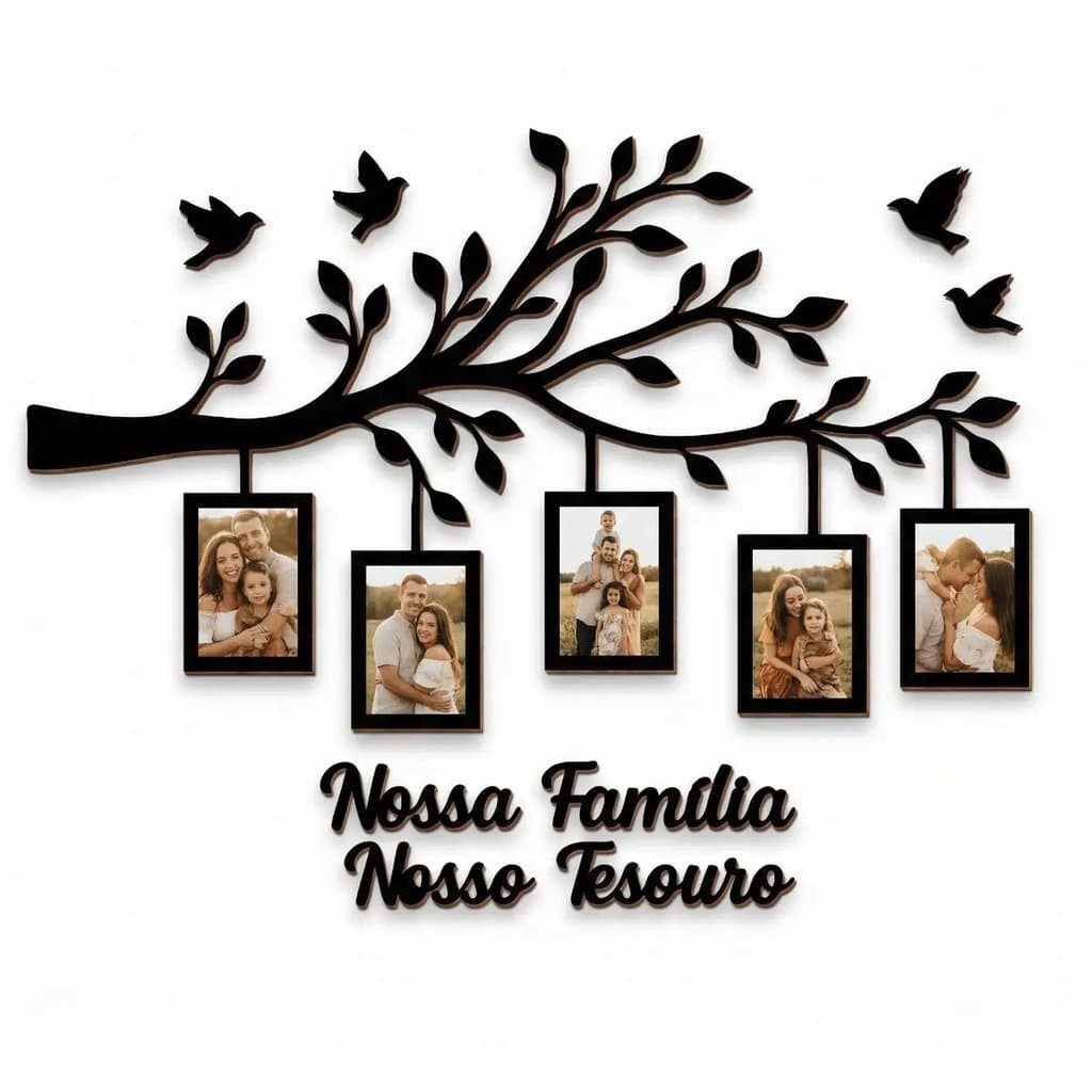 Quadro Decorativo Nosso Tesouro Família com Molduras  Árvore Porta-Retratos de Parede em MDF para Sala