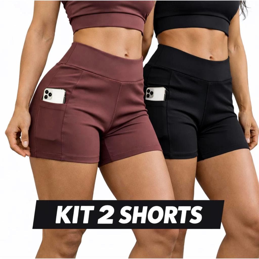 Kit 2 Shorts Feminino Cós Alto com Bolso Zero Transparência Academia Fitness
