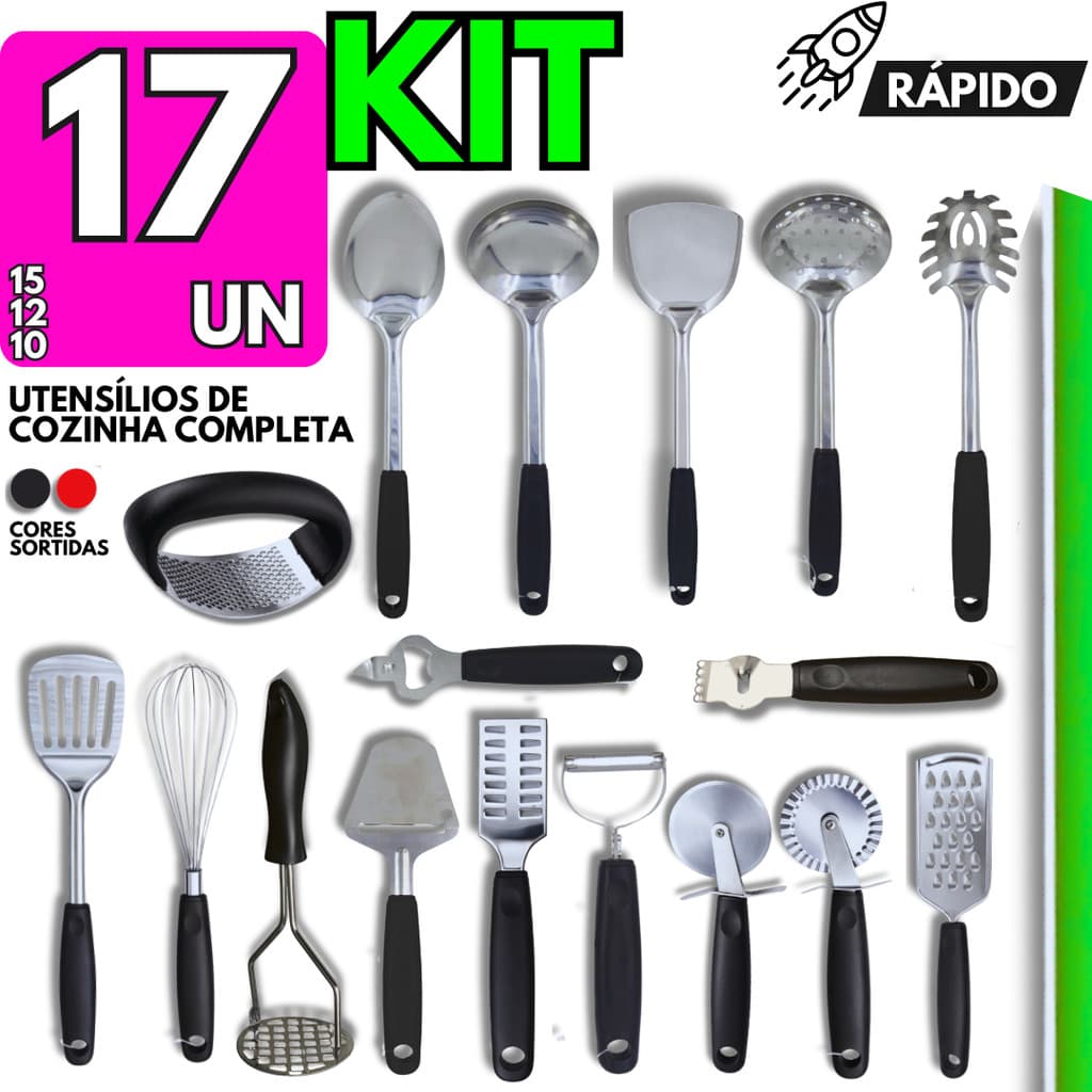 Kit Utensílios Cozinha Completa Linha Black Line Aço Inox Casa Nova Jogo Completo Escumadeira Concha