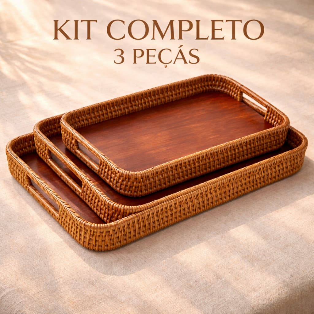 Bandeja Estilo Bambu Vime Kit Completo com 03 - Café da Manhã Luxo Madeira Tramado Decoração Premium