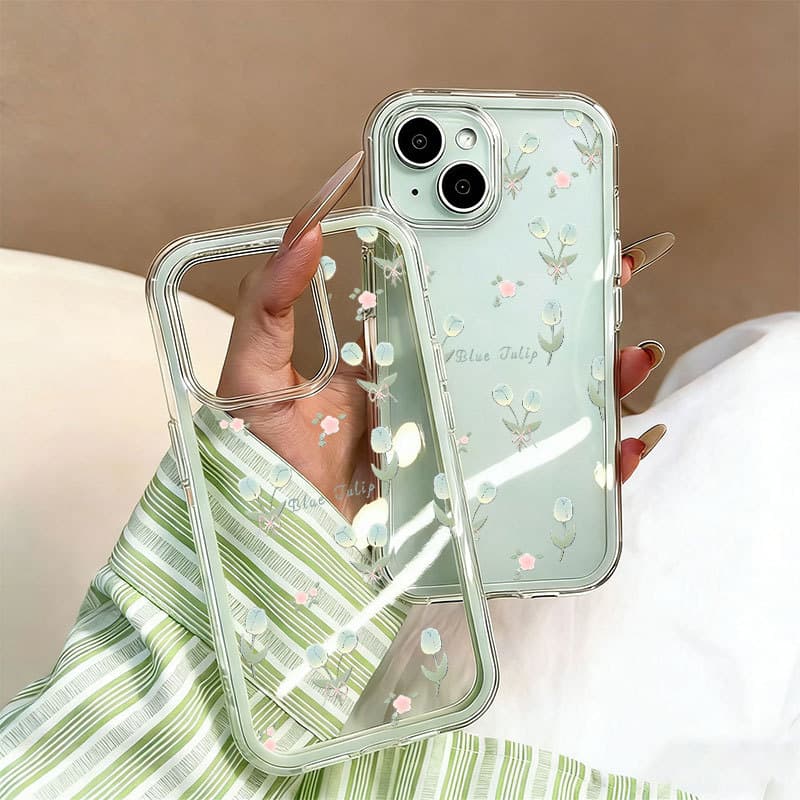 Tulipas Brilhantes 3 Em 1 Capinha Capa Para IPhone 13 11 12 14 15 16 17 Ar Pro Max Normal Transparente Acrílico Anti-Imp