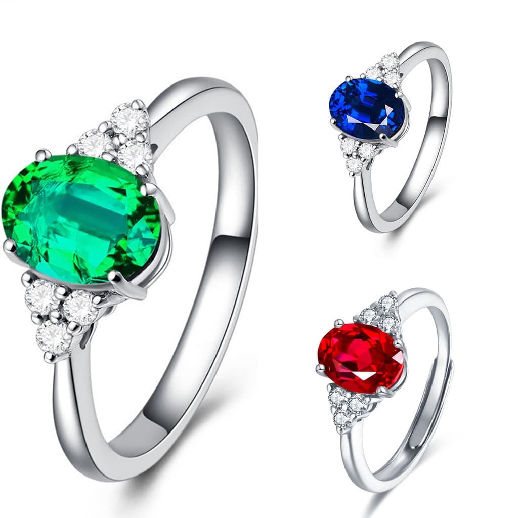 Anel Feminino Prata S925 Com Pedras Preciosas Incrustadas/Safira/Abertura Ajustável