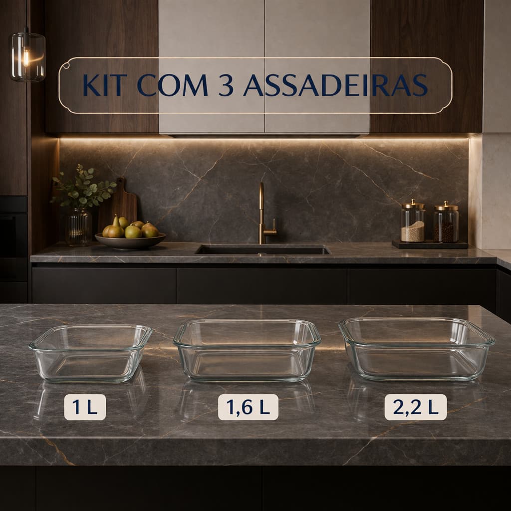 Kit 3 Travessa Assadeira Refratario de Vidro Retangular  - 1L - 1,6L - 2,2L