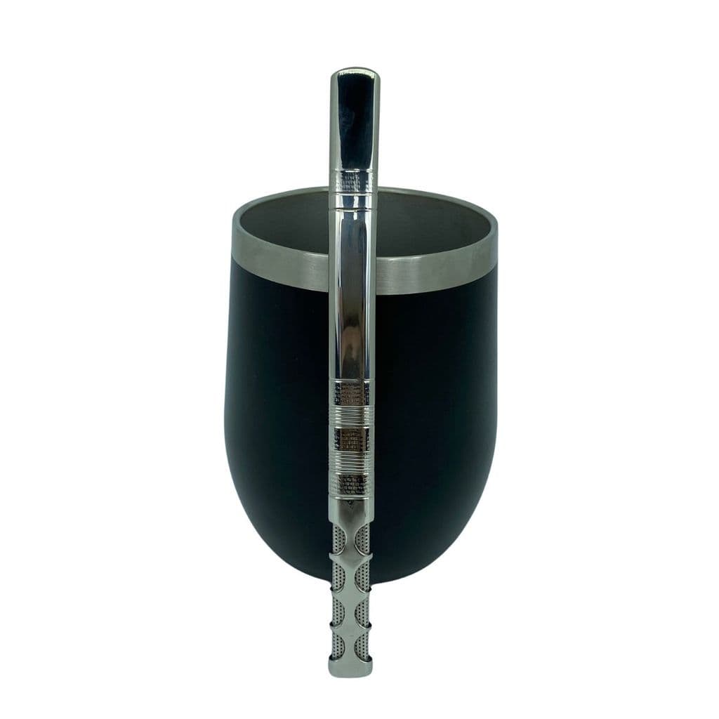 Kit tereré copo cuia térmico 350ml parede dupla inox preto + bomba tela nitro 16cm + escova higiênica