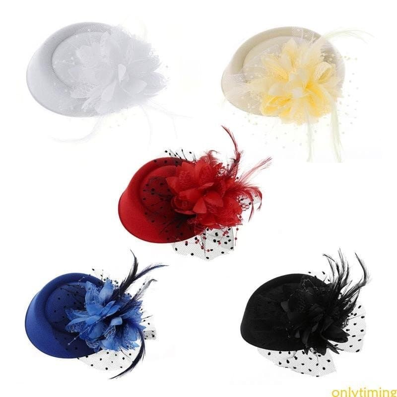 onlytiming Fascinatores Chapéus Cor Sólida Pena Pillbox Chapéu Cocktail Teas Party Headwear Véu Para Meninas