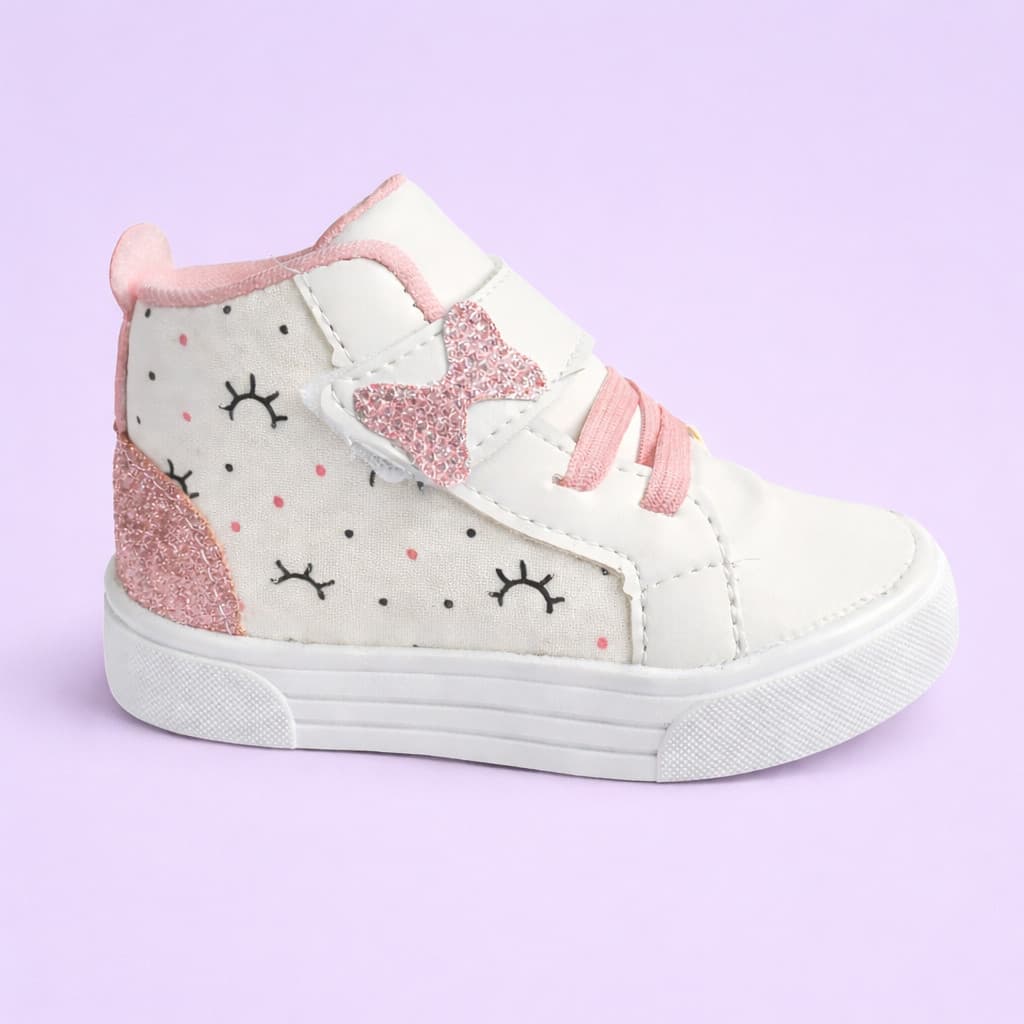 Tenis Botinha de Menina Infantil Branco Rosa Glitter Borboleta