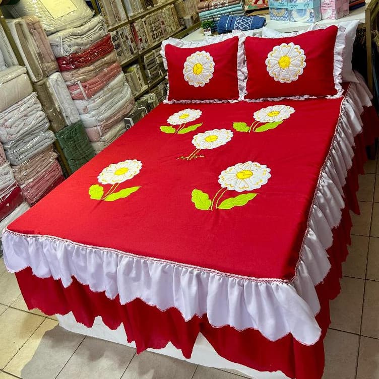 Cobre Leito Casal Padrão Box Bordado Alto relevo em Oxford – Kit 3 Peças Colcha Bordada