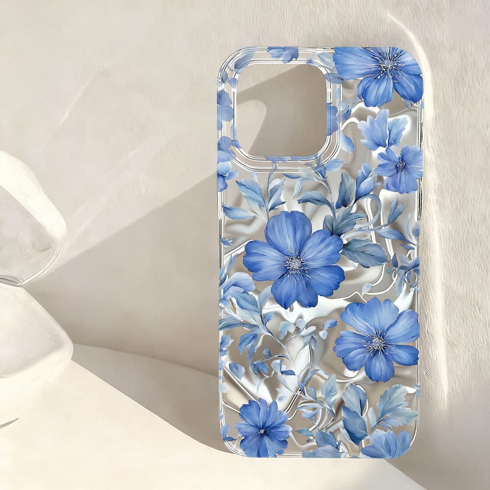Capa Capinha De Flor Azul Para iPhone 13 11 12 14 15 16 Plus Pro Max Gradiente Aurora Anti-Queda