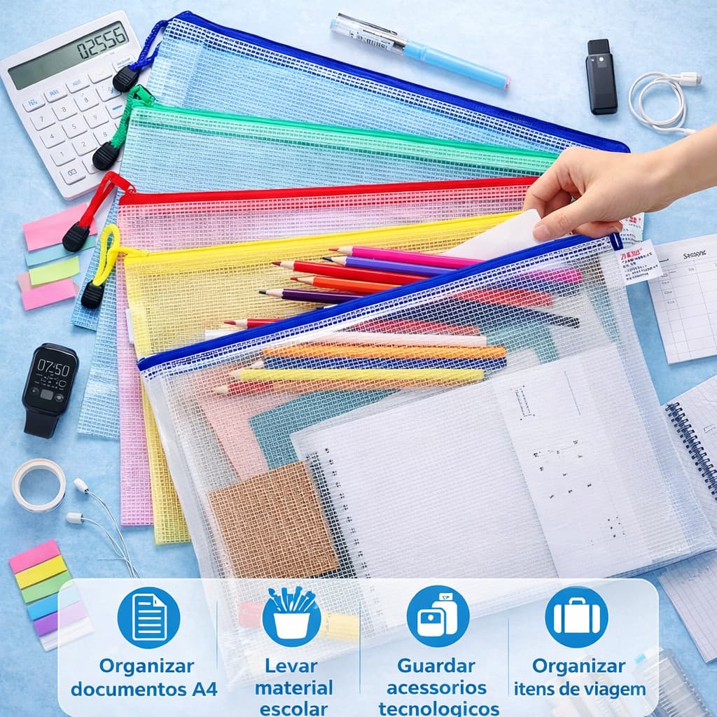 Kit 5 Pasta A4 De Plástico PVC/NYLON Multiuso Com Zíper Prova Agua fushang