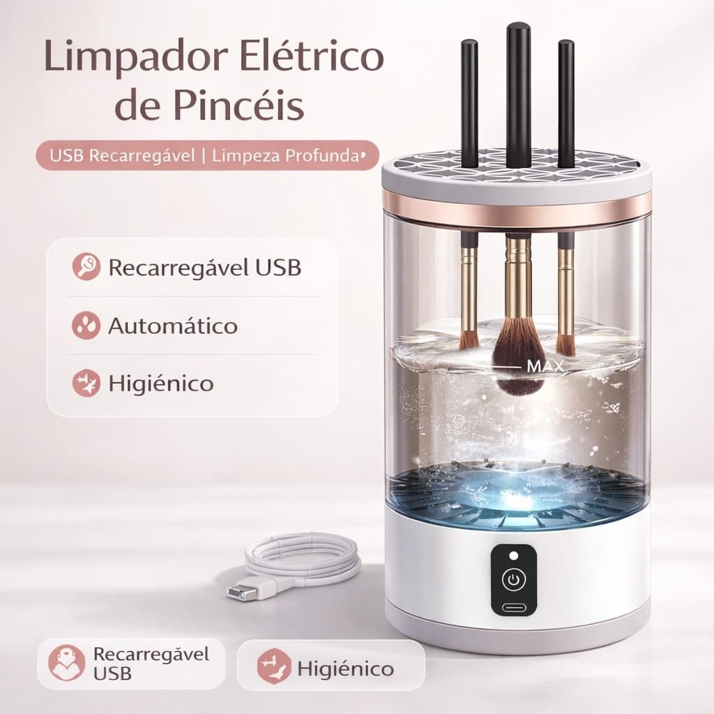 Limpador Automático de Pincéis de Maquiagem, Compacto e Fácil de Usar