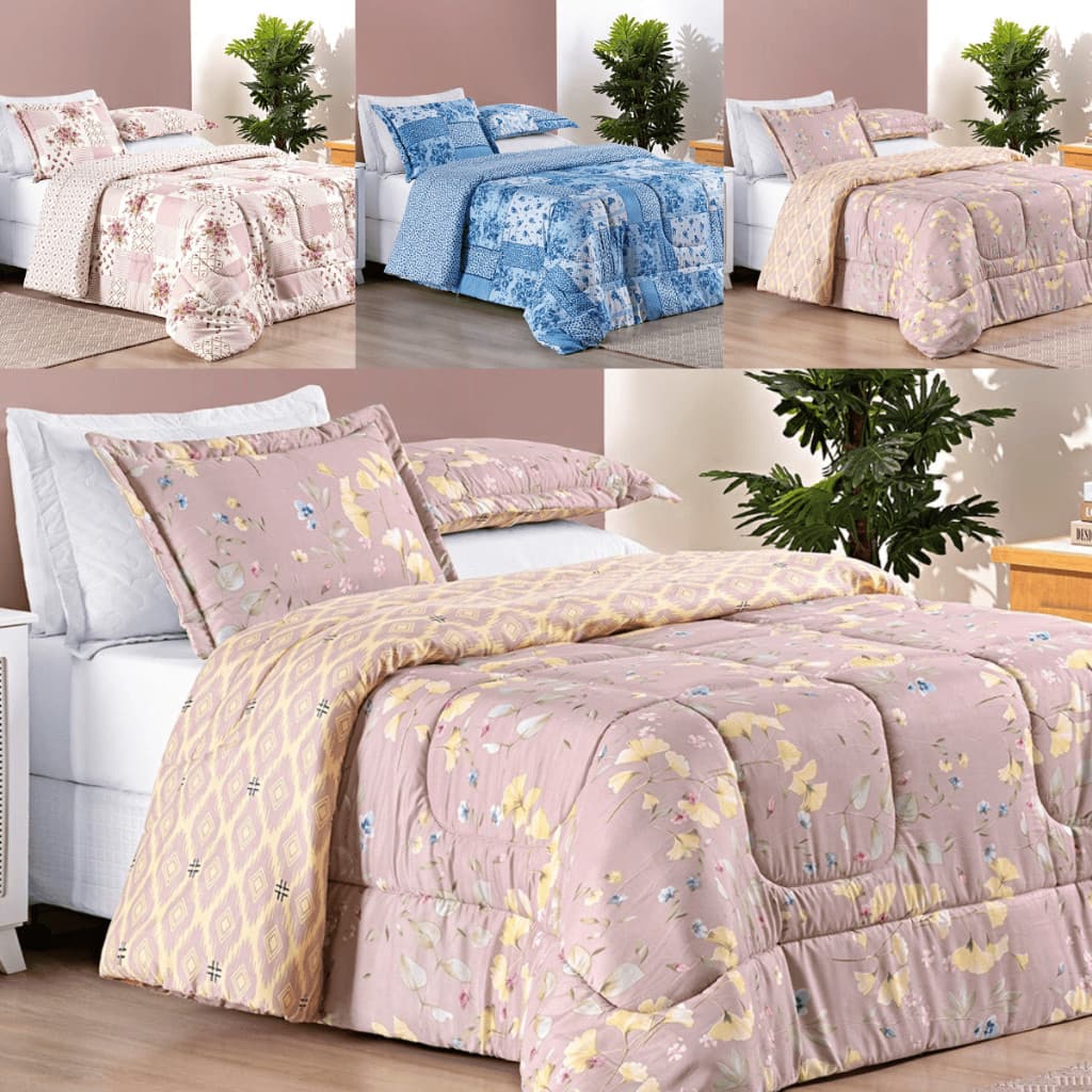 Edredom Dupla Face Estampado com Porta Travesseiro Tamanhos Queen e King Sizes Bouti