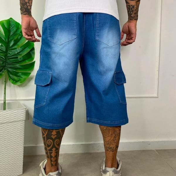 Bermuda Cargo Masculina Azul Streetwear Premium Larga