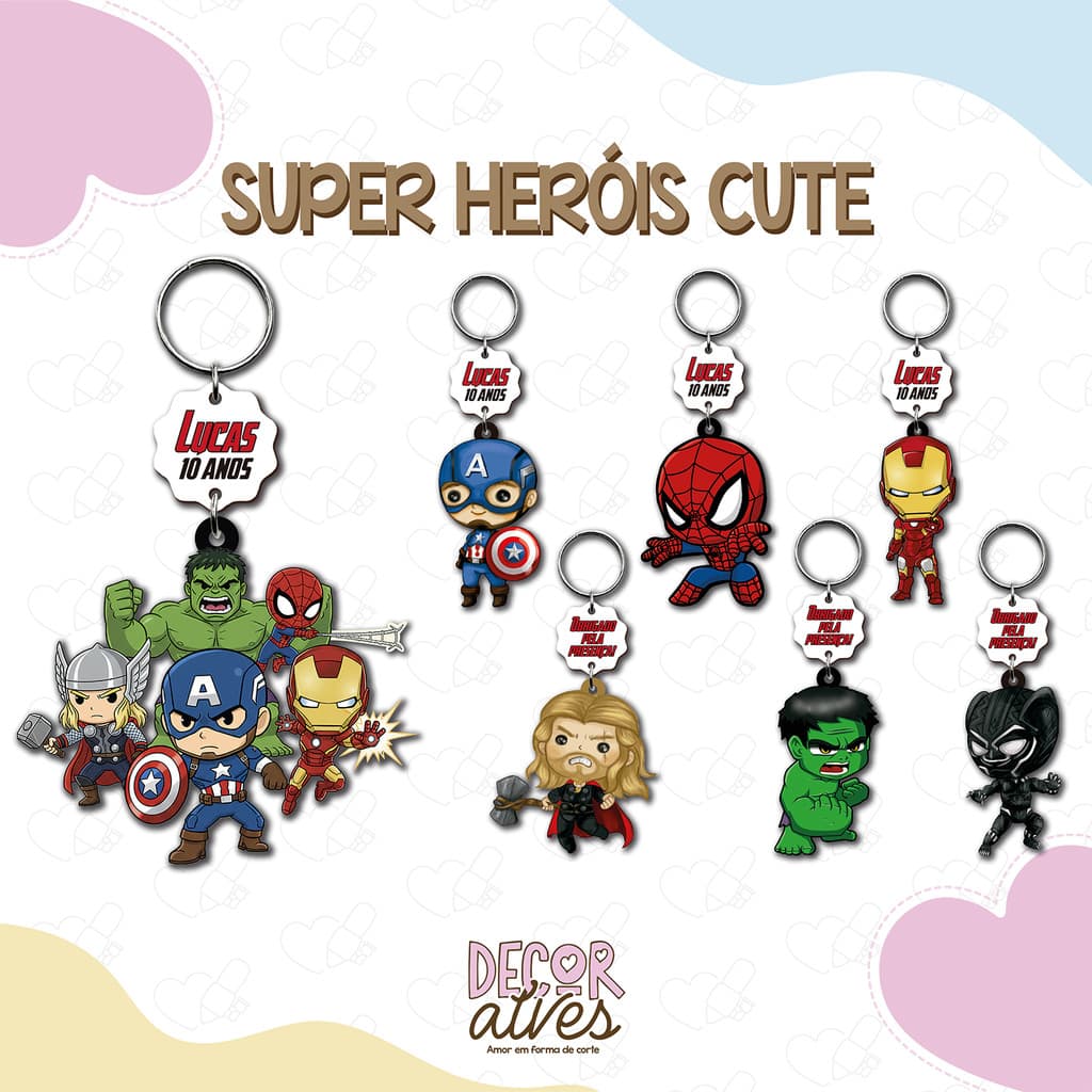 Super Heróis Cute - Chaveiro Personalizado MDF brilhoso Lembrancinha infantil