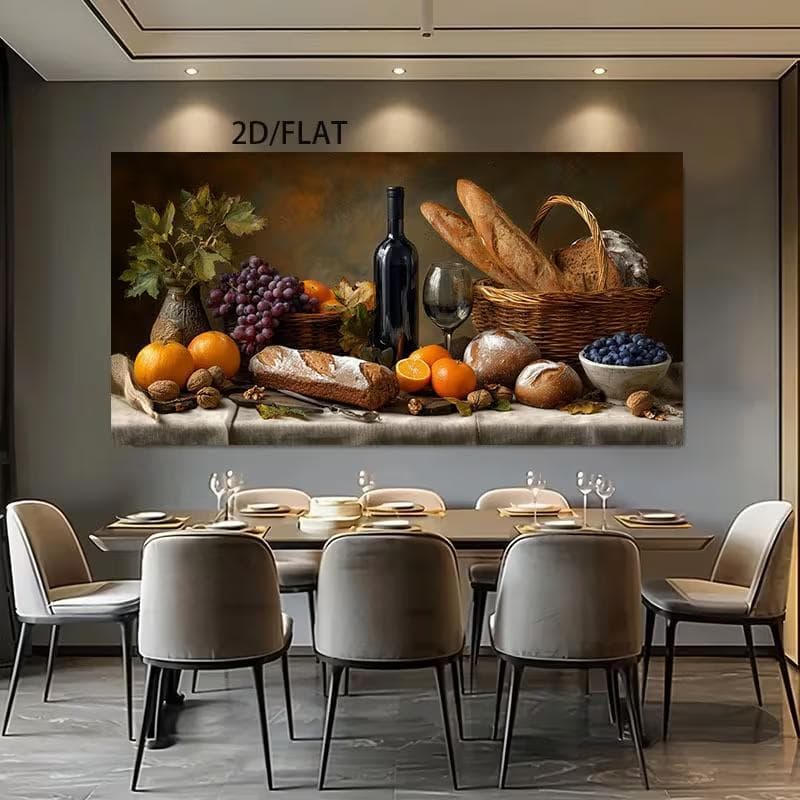 Quadro Decorativo Uvas Vaso Vinho, Pães e Frutas