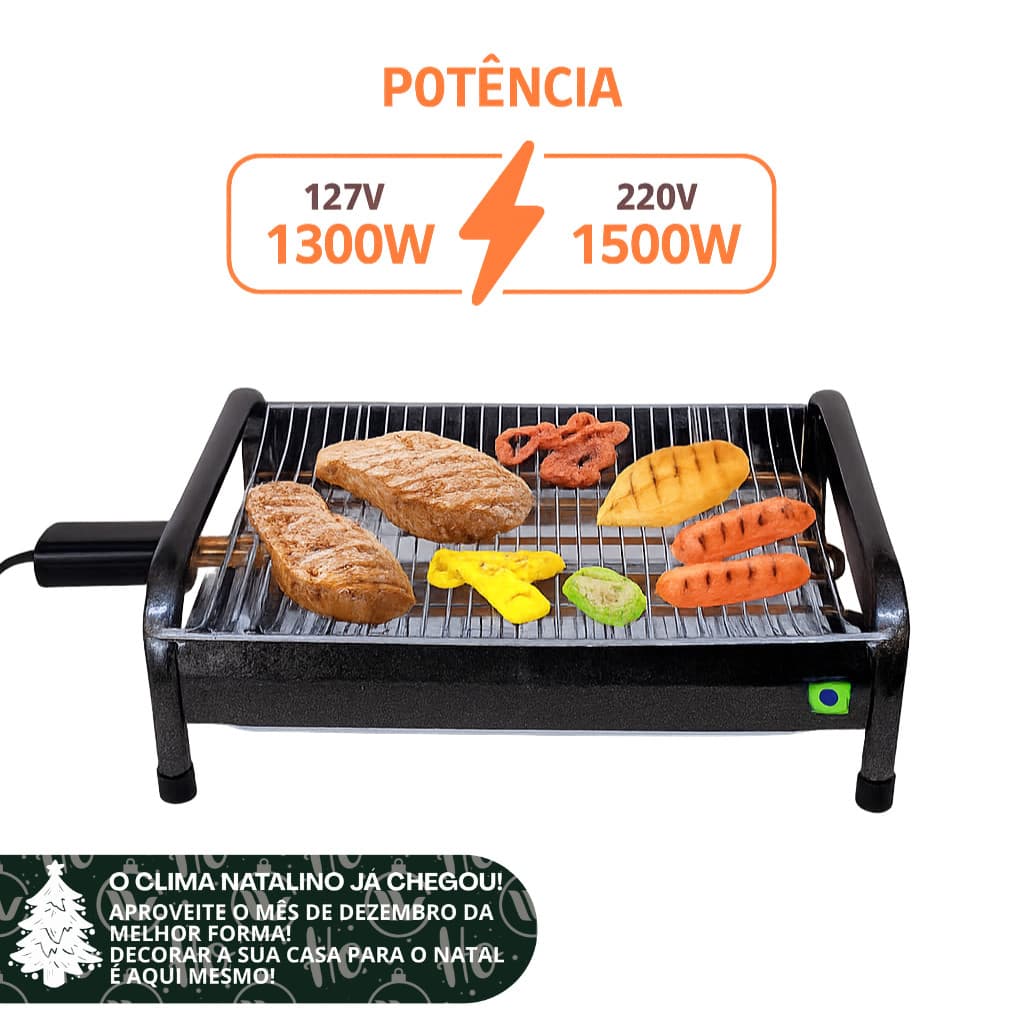 Churrasqueira Elétrica Portátil Grill 127V/220V com Bandeja – Compacta para Casa, Apartamento e Varanda