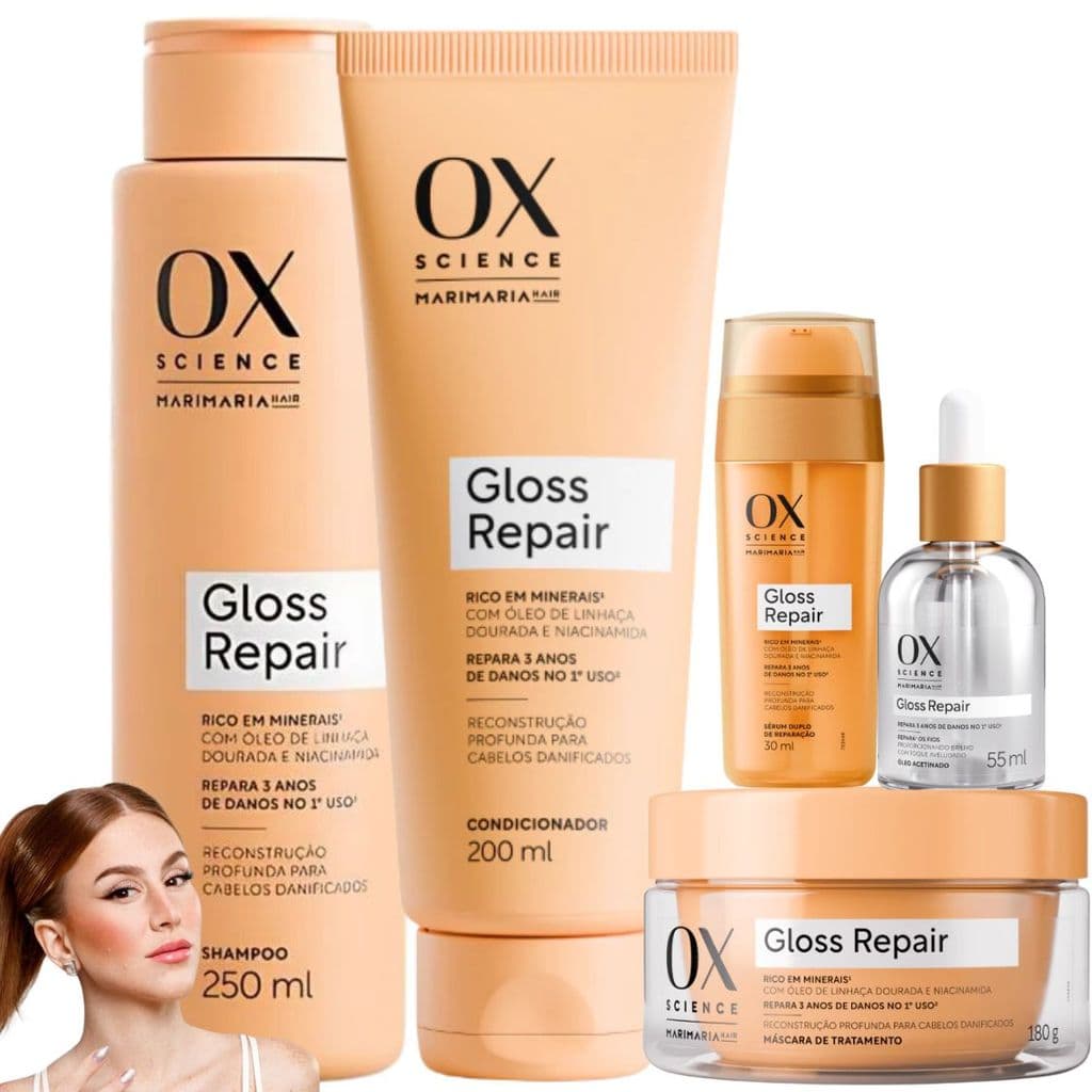 Kit OX Gloss Repair MariMaria Linhaça Dourada e Niacinamida Sérum Duplo Mascara de Tratamento