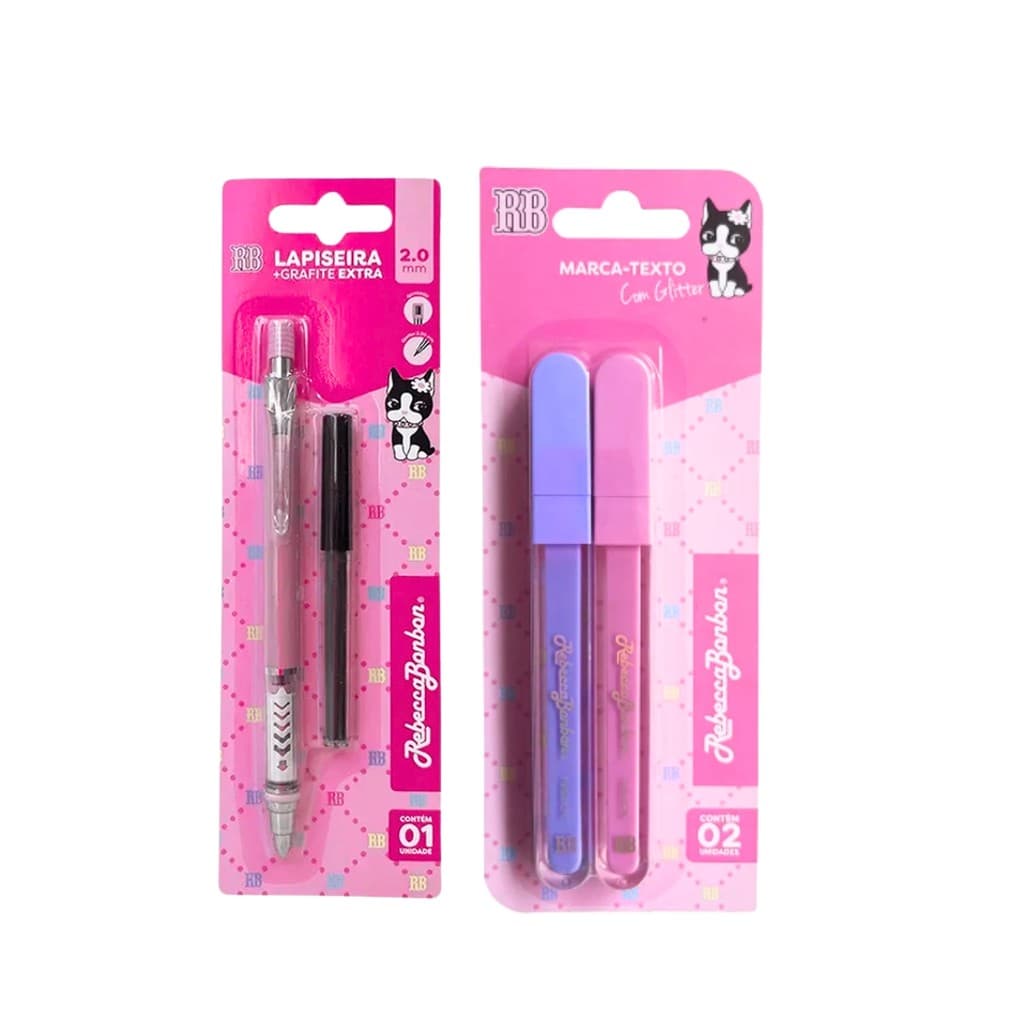 Kit Escolar Rebecca Bonbon C/ 2 Marca-Textos Rosa e Roxo e Lapiseira 2.0 + Grafite Extra Ideal Para Volta Às Aulas Clio