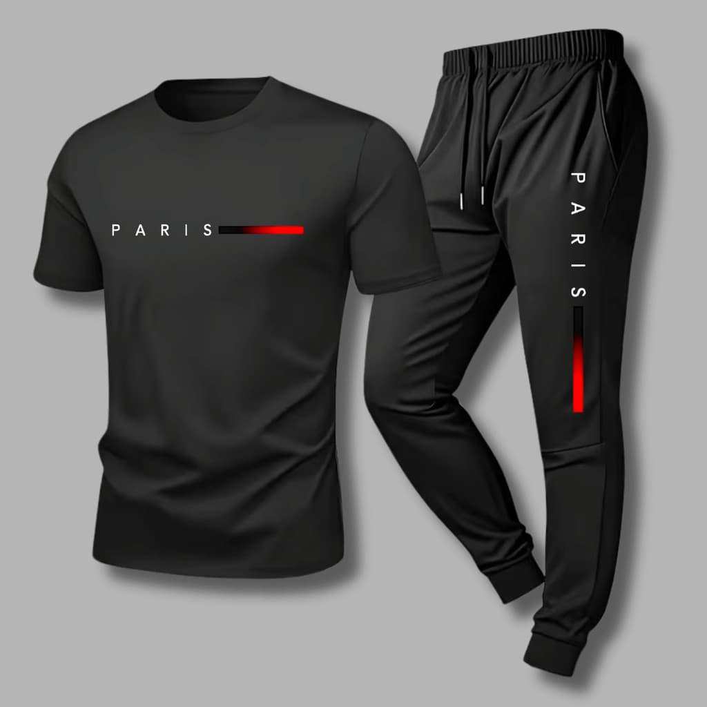 Conjunto Paris Vermelho Kit Preto Camiseta Manga Curta & Calça Jogger 100% Algodão
