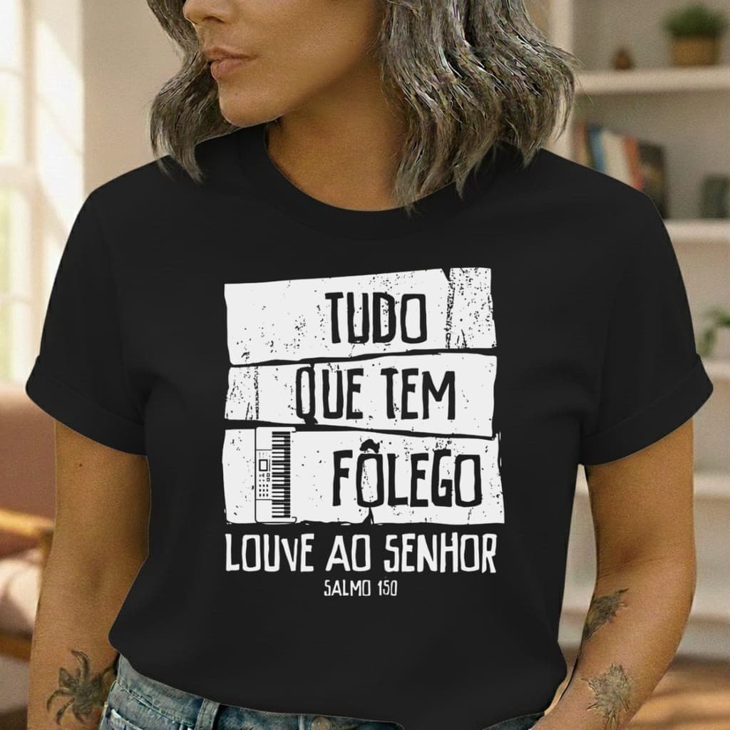 Camiseta Gospel Músico Unissex 100% Algodão Blusa Gospeistã  Músico Tudo que tem Fôlego Teclado