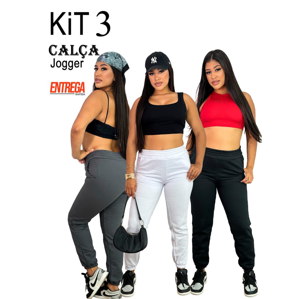 3 Calças Moletom Jogger Feminina Grossa Pelúciada Cintura Alta Esportiva