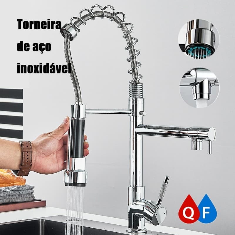 Torneira De Cozinha Gourmet De Aço Inoxidável Para Bancada De Parede Com Spray Flexível E Função Dupla – Misturada Quent