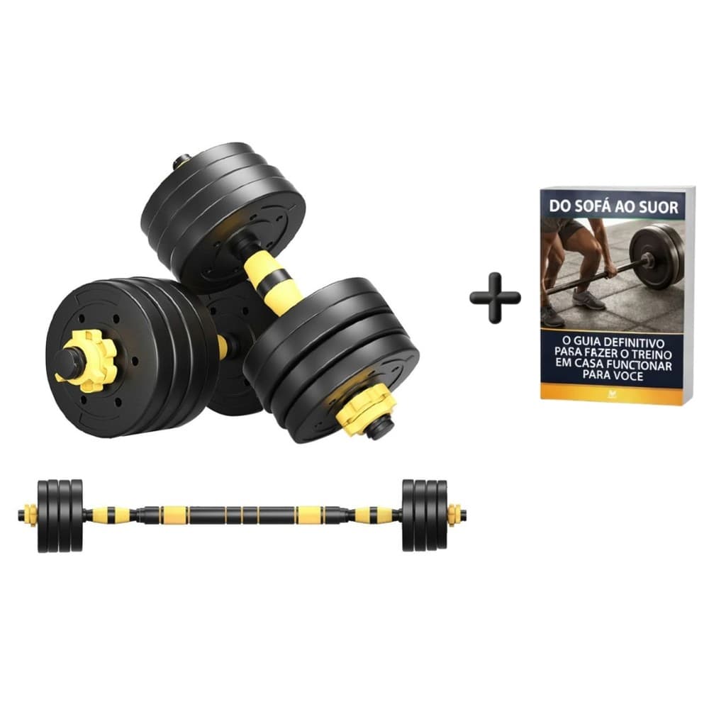 Kit Halteres 40kg 3 em 1 com Anilhas e Barras para Musculação + Ebook