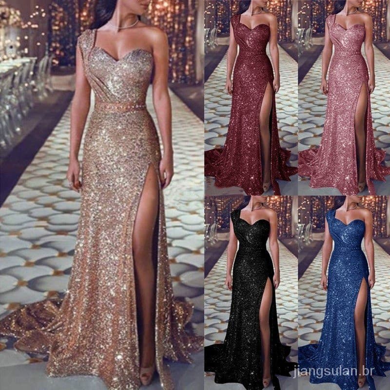 Em estoque �     Vestido Longo Com Decote em V e Lantejoulas/Festa/Padrinha CYIQ