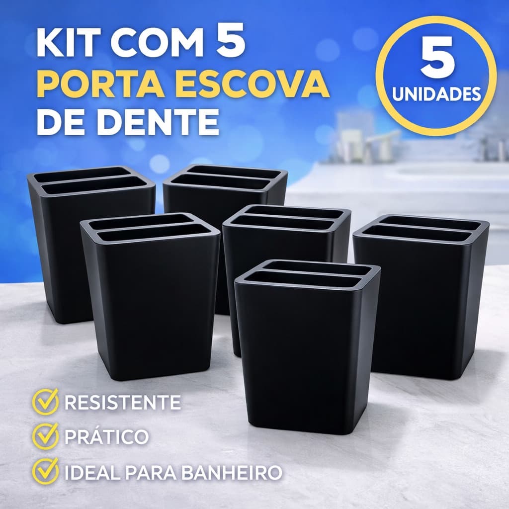 Kit 5 Porta Escova De Dente Preto Multiuso Para Banheiro De Plástico