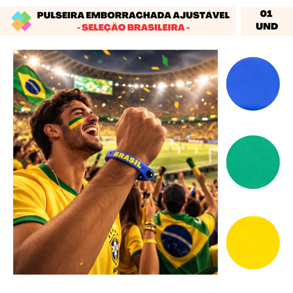 Pulseira Emborrachada Ajustável - Seleção Copa do Mundo Brasil (1 Und)