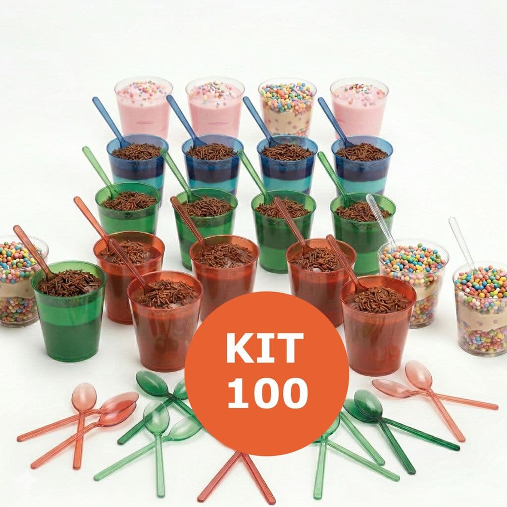 100 Copinhos Acrílicos 25ml + Mini Colher para Brigadeiro Docinho Festa Aniversário Colorido